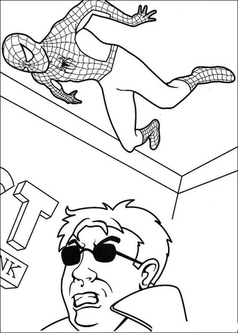 Spiderman Is Hiding On The Ceiling  Coloring Page